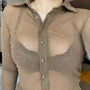 PRINCESS POLLY BROWN MESH SHIMMERY BUTTON UP TOP